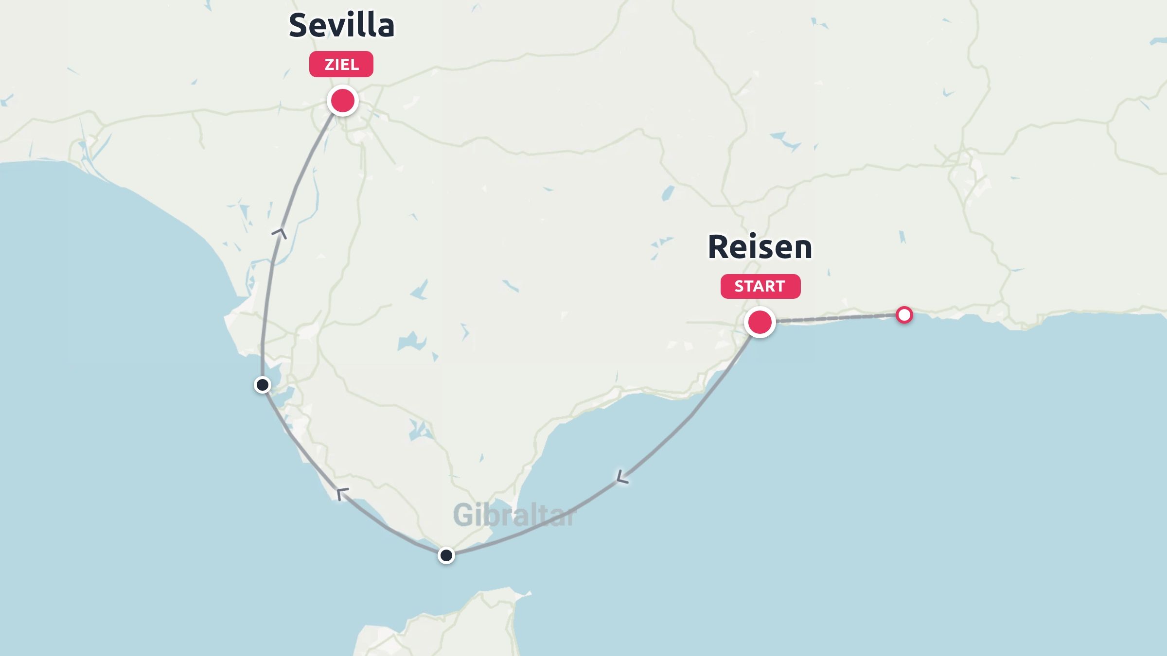 Reiseroute entlang der Südküste Spaniens über Gibraltar vom Startpunkt bis Sevilla