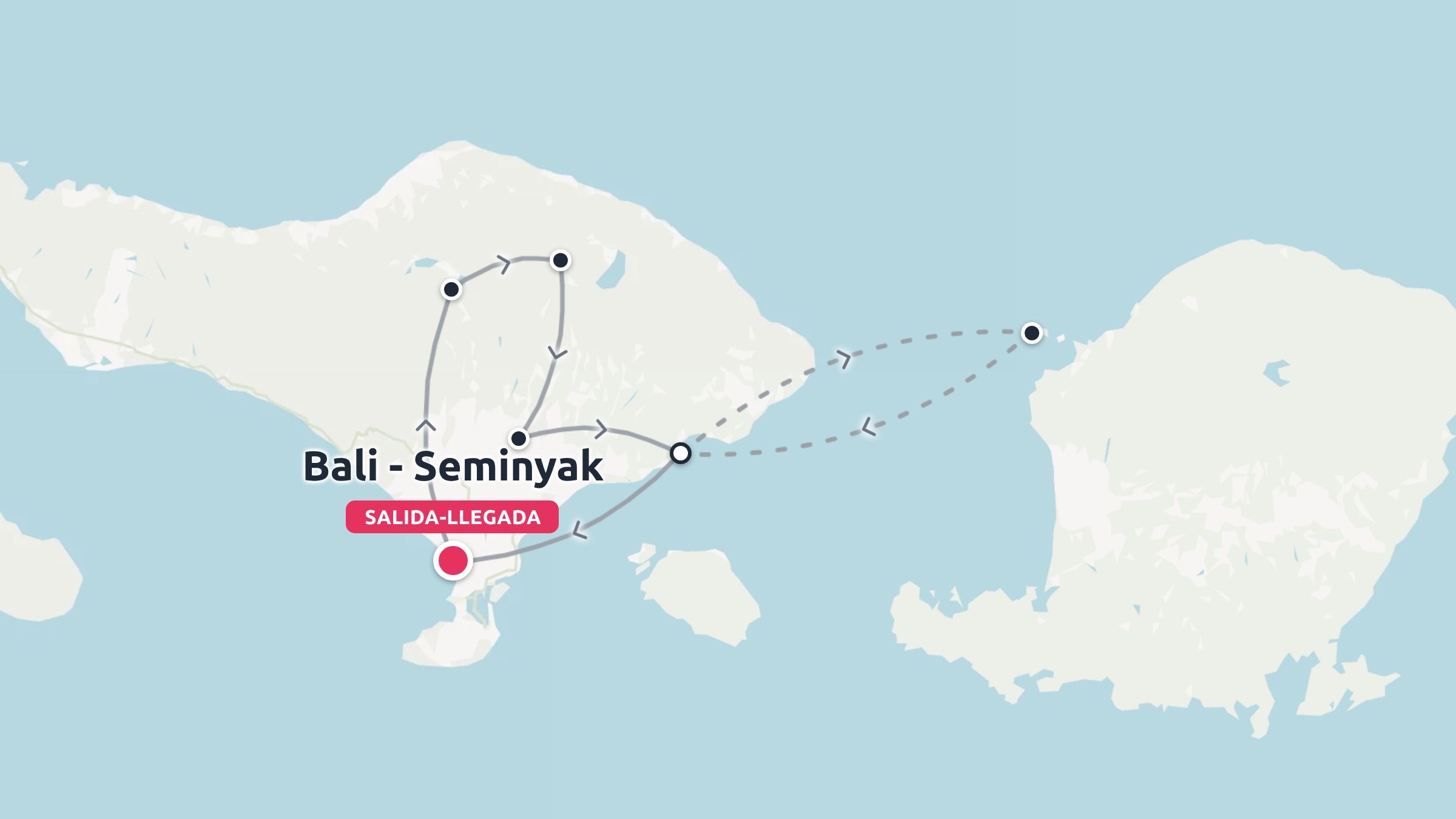 Mapa de ruta de viaje que muestra un itinerario por Bali y las islas vecinas, comenzando y terminando en Bali - Seminyak