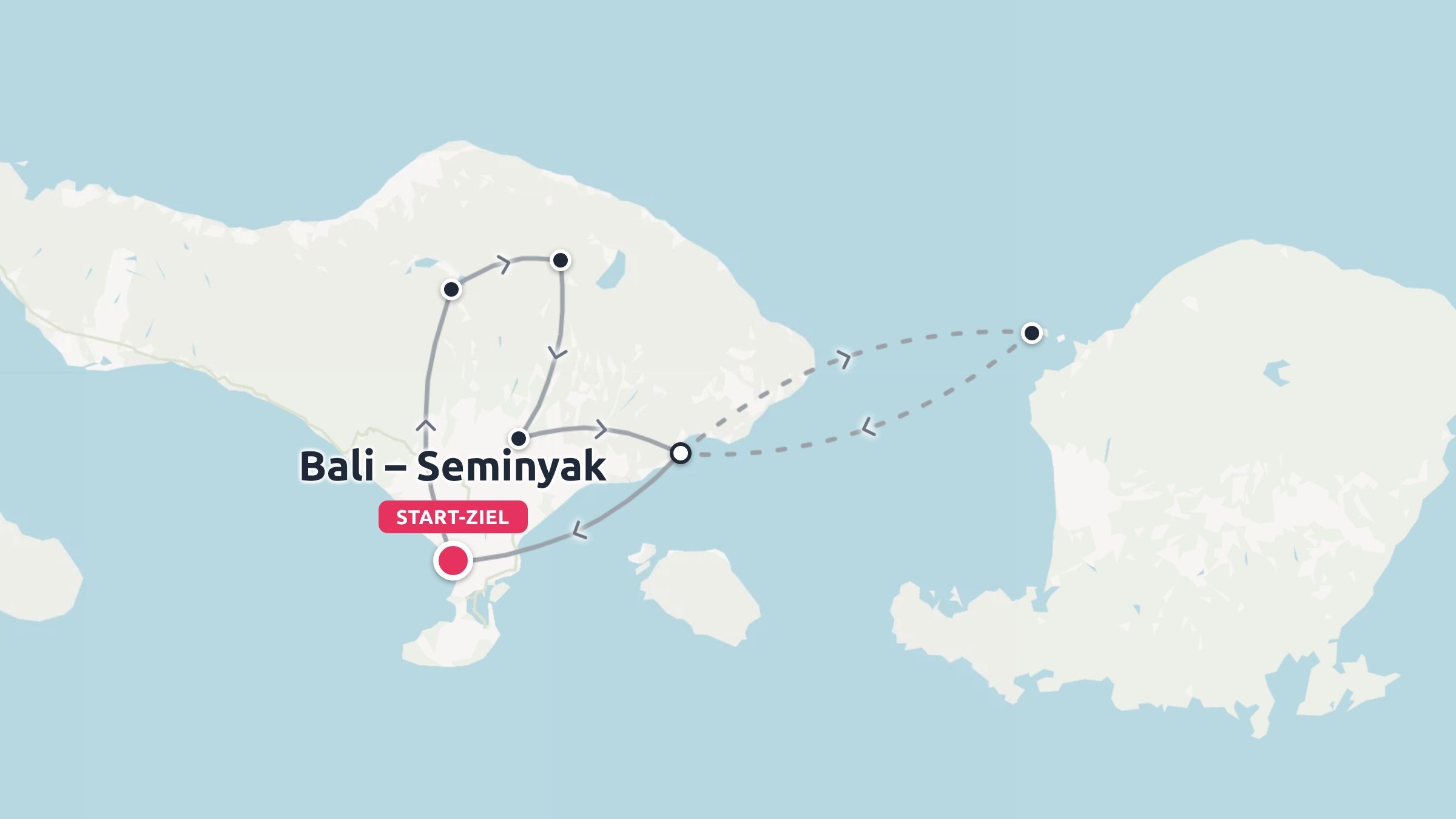 Reiseroute mit einer Rundreise, die in Bali Seminyak beginnt und endet, sowie verbindenden Inselrouten