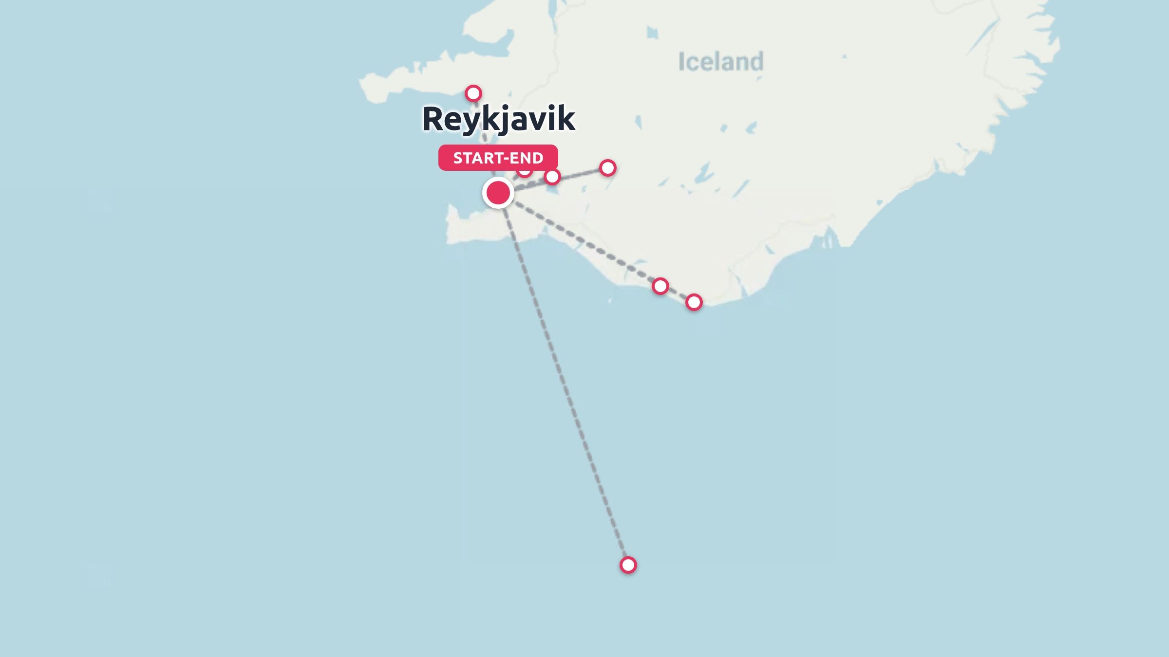 Travel route map of Iceland starting and ending in Reykjavik with connected waypoints across the southern region.