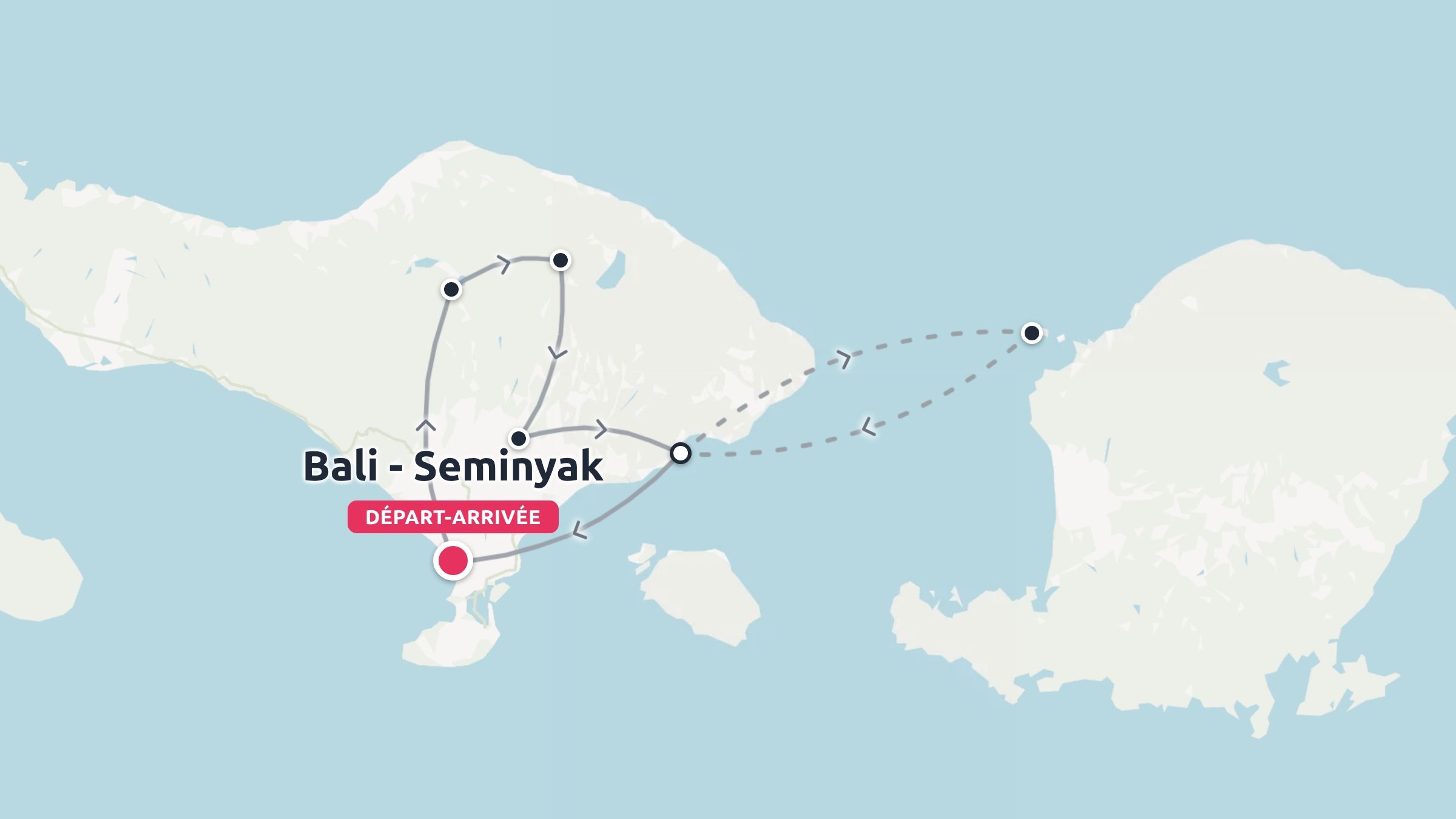 Carte de l'itinéraire de voyage montrant une boucle à travers Bali et Lombok commençant et se terminant à Bali - Seminyak.