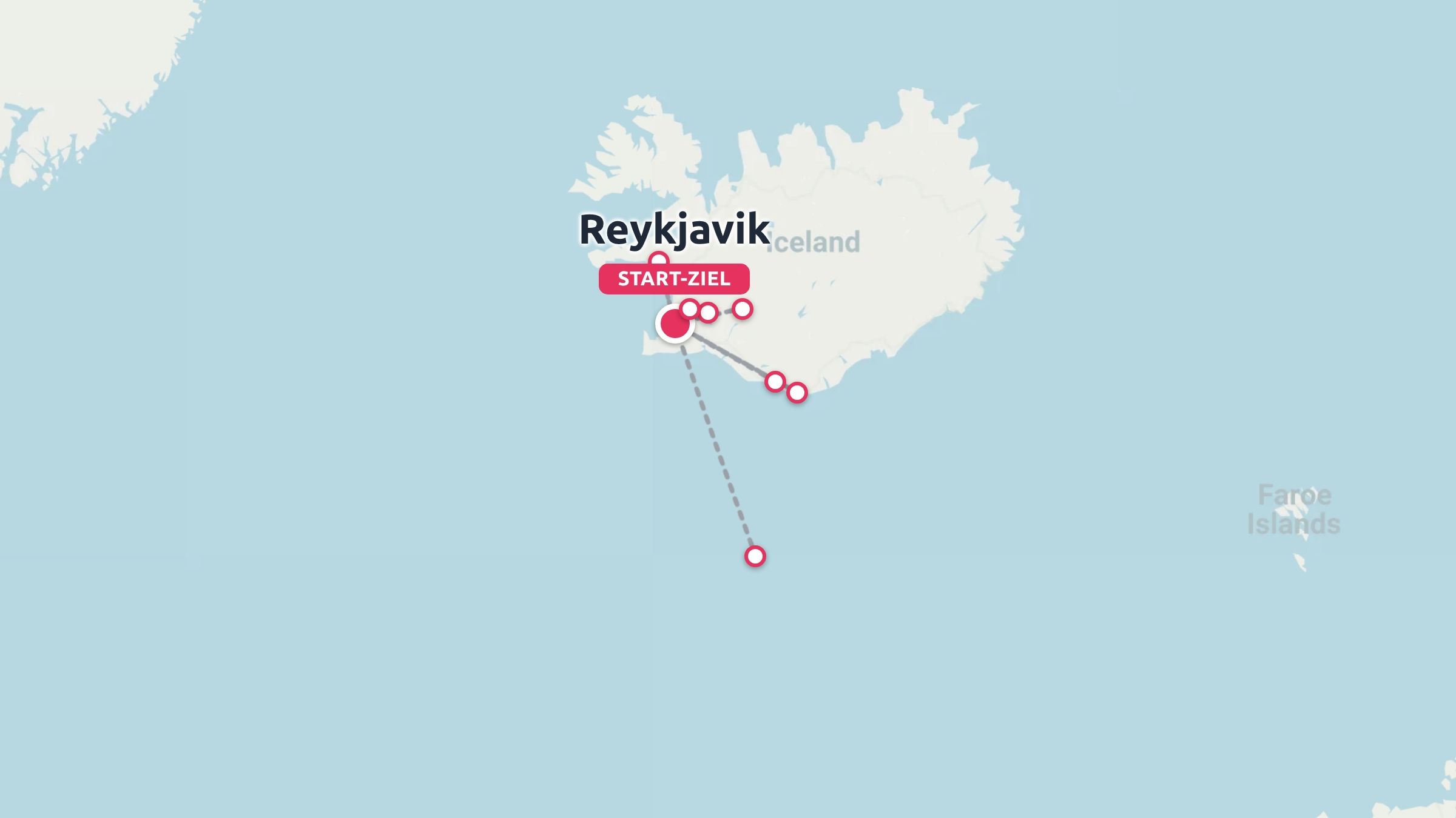 Reisekarte von Island mit einer Route und kreisenförmigen Wegpunkten, die in Reykjavík beginnt und endet.