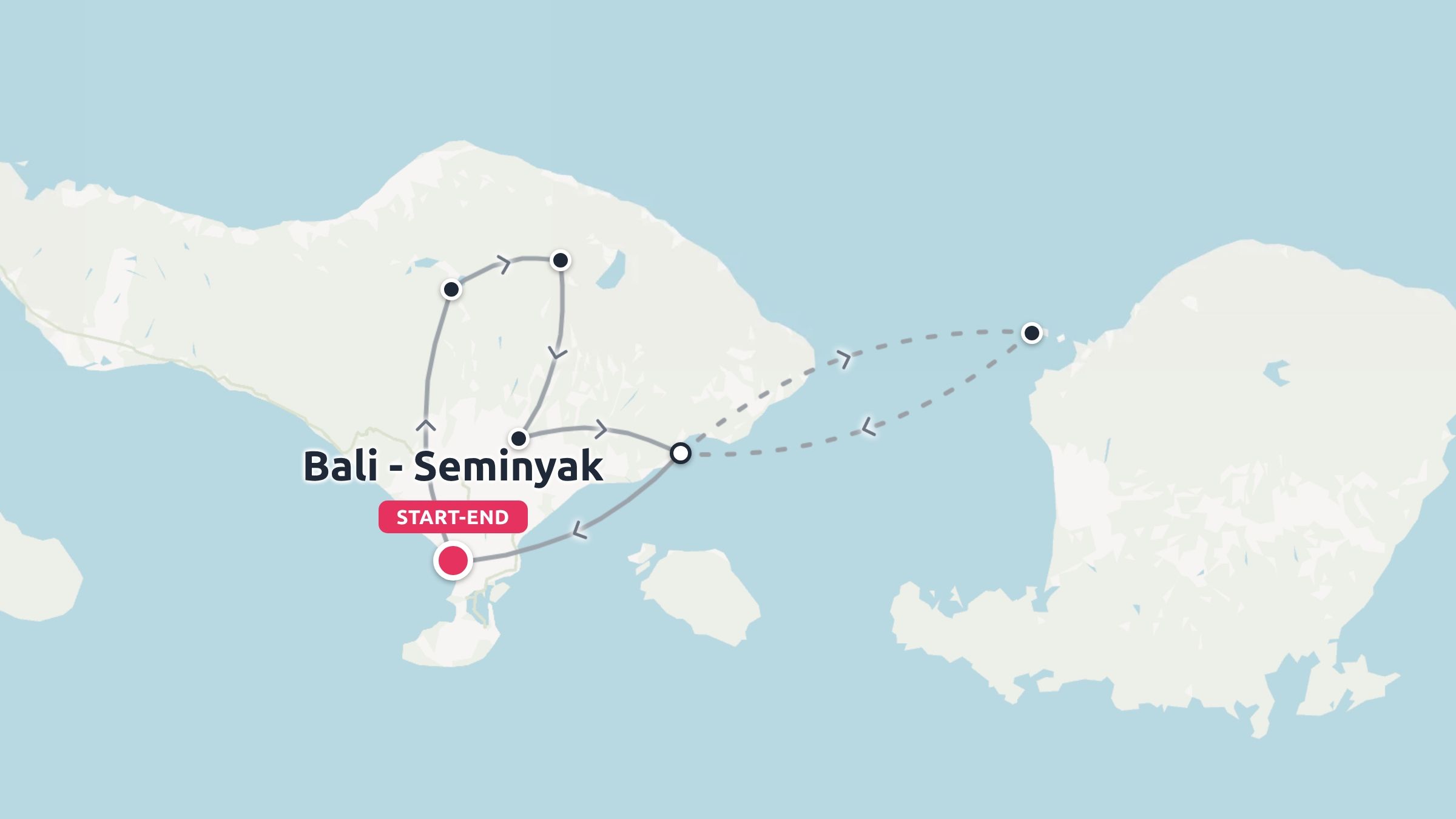 Travel itinerary map showing a loop route starting and ending in Bali - Seminyak with routes across the island and sea.