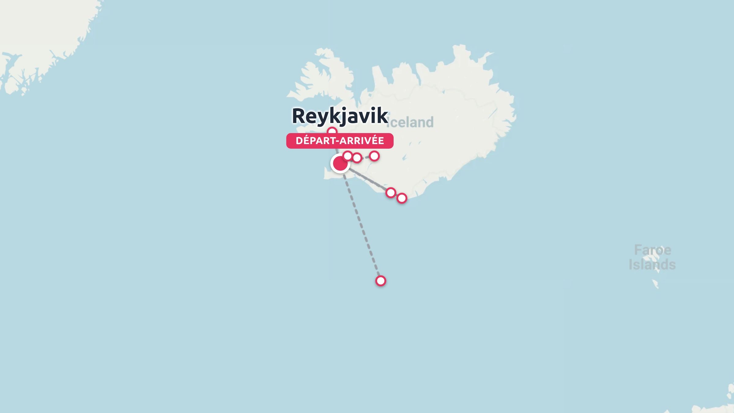 Une carte d'itinéraire de voyage en Islande montrant un parcours avec des points de départ et d'arrivée à Reykjavik.