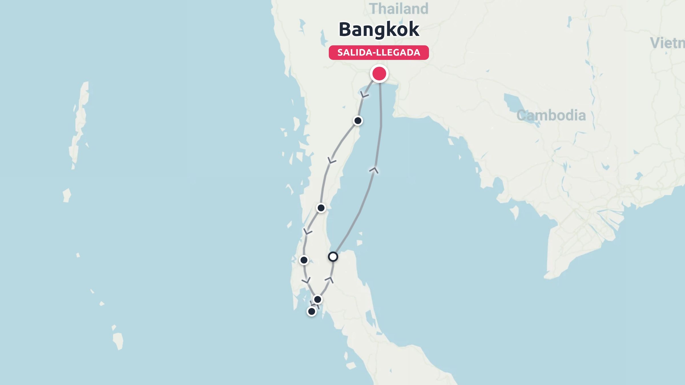 Un mapa de ruta de itinerario de viaje por Tailandia que comienza y termina en Bangkok, recorriendo la península del sur.