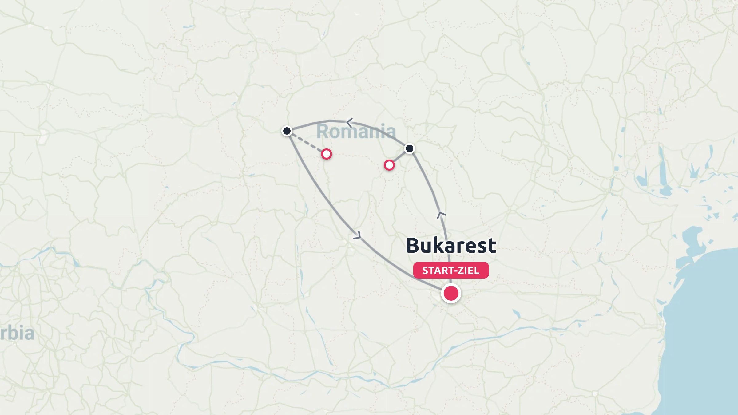 Eine Reiseroute durch Rumänien mit einer Rundreise, die in Bukarest beginnt und endet.