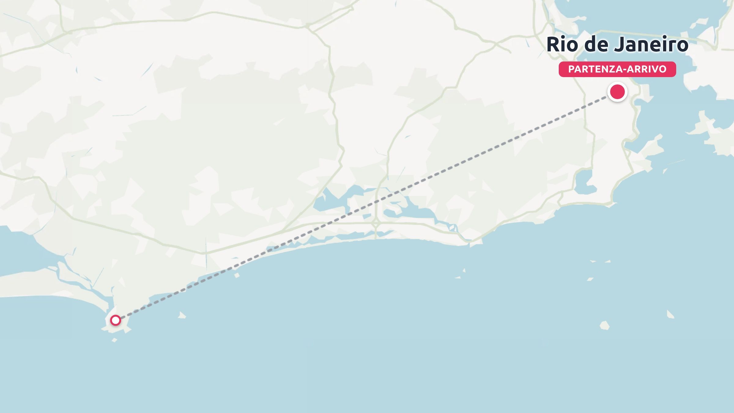 Una mappa di un itinerario di viaggio che mostra un percorso tratteggiato lungo la costa con partenza e arrivo a Rio de Janeiro