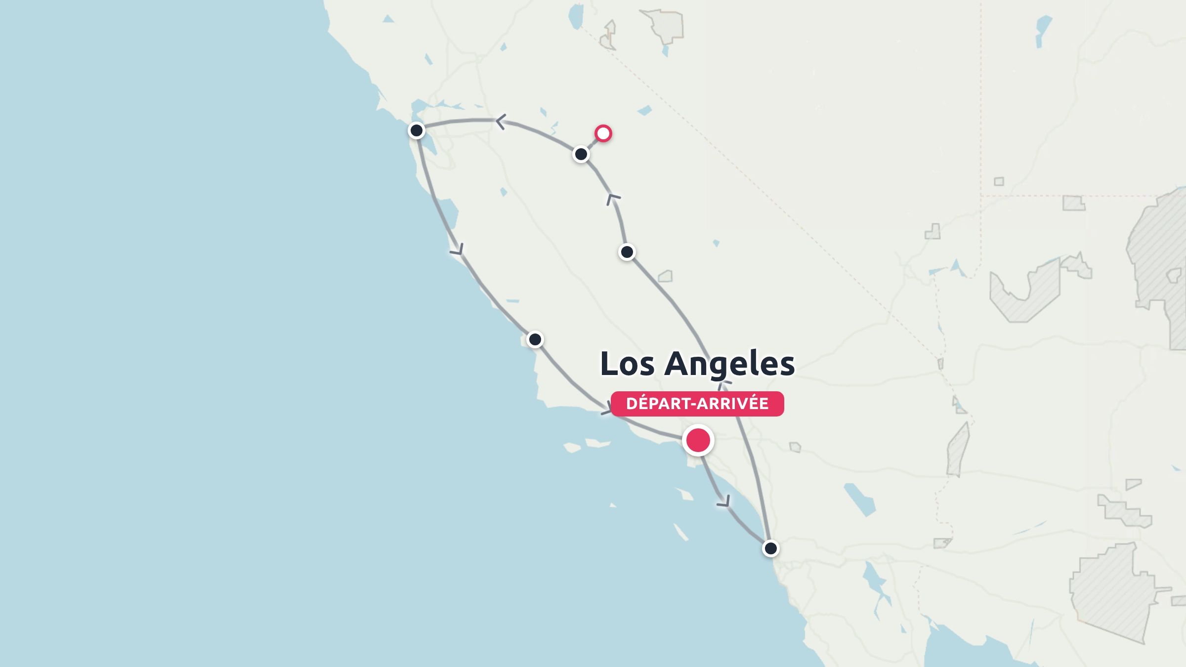 Une carte d'itinéraire de voyage affichant un road-trip circulaire au départ et à l'arrivée de Los Angeles