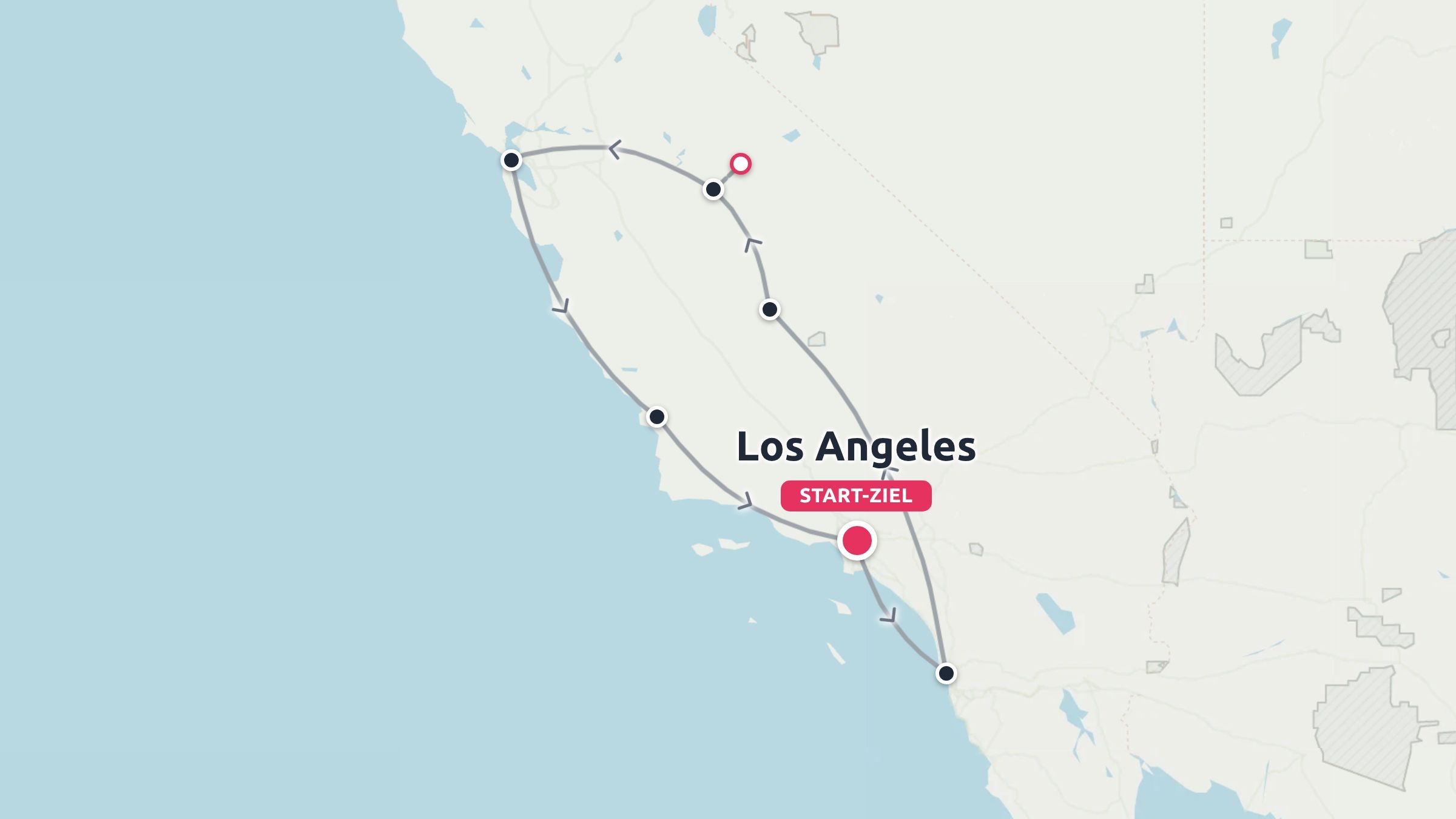 Eine Reiseroute für Kalifornien, die in Los Angeles beginnt und endet und markierte Stopps entlang einer Rundreise zeigt.