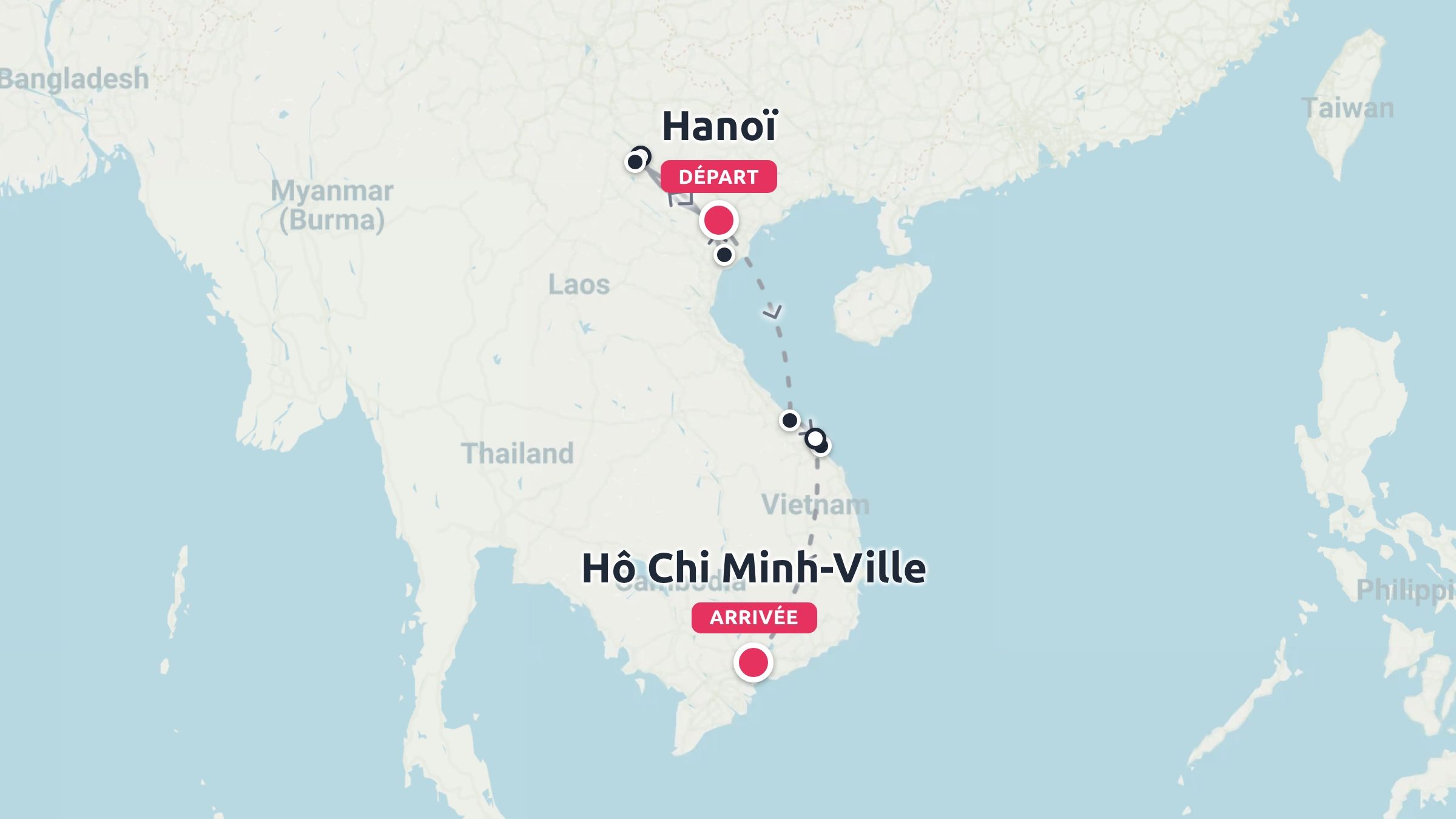 Une carte d'itinéraire de voyage au Vietnam montrant un parcours commençant à Hanoï et se terminant à Hô Chi Minh-Ville.
