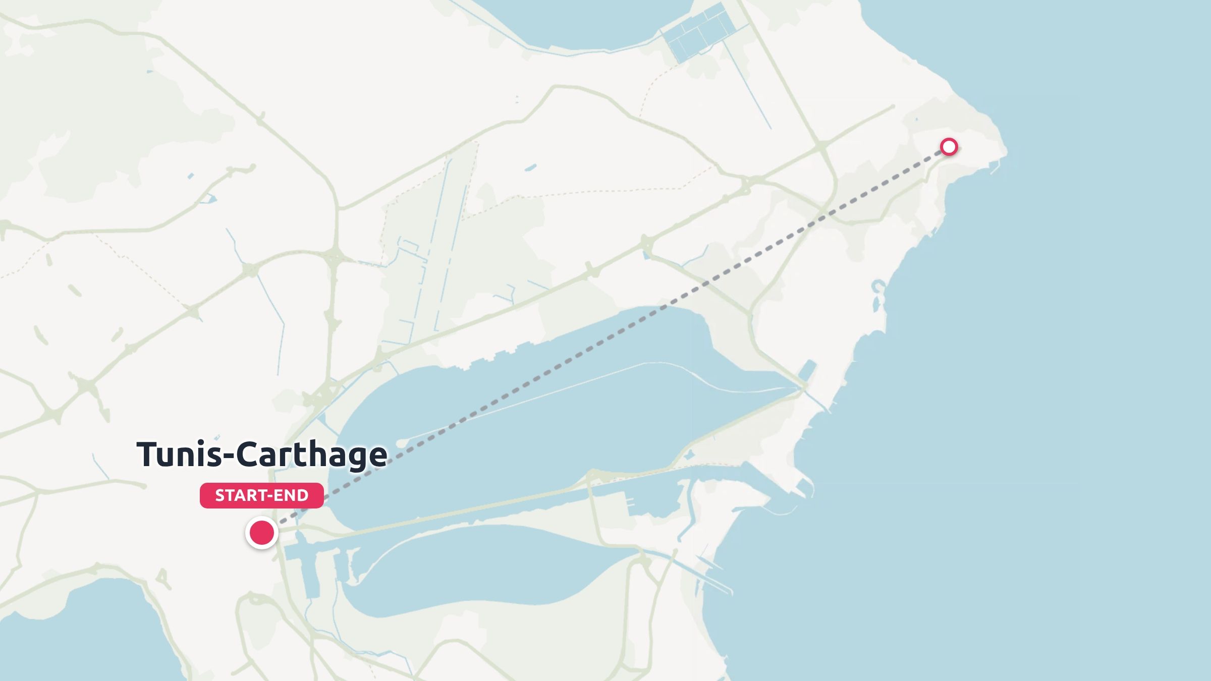 Travel route map showing Tunis-Carthage marked as start and end points with a dashed line.