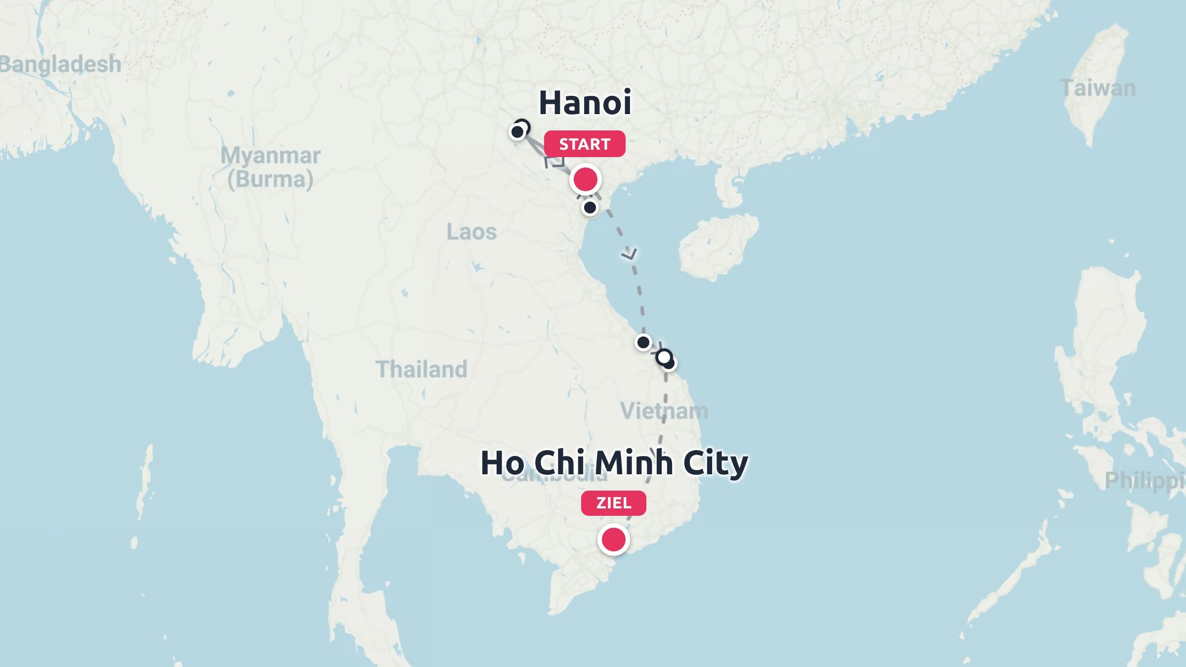Reiseroute durch Vietnam mit Wegpunkten von Hanoi am Start bis Ho-Chi-Minh-Stadt am Ende