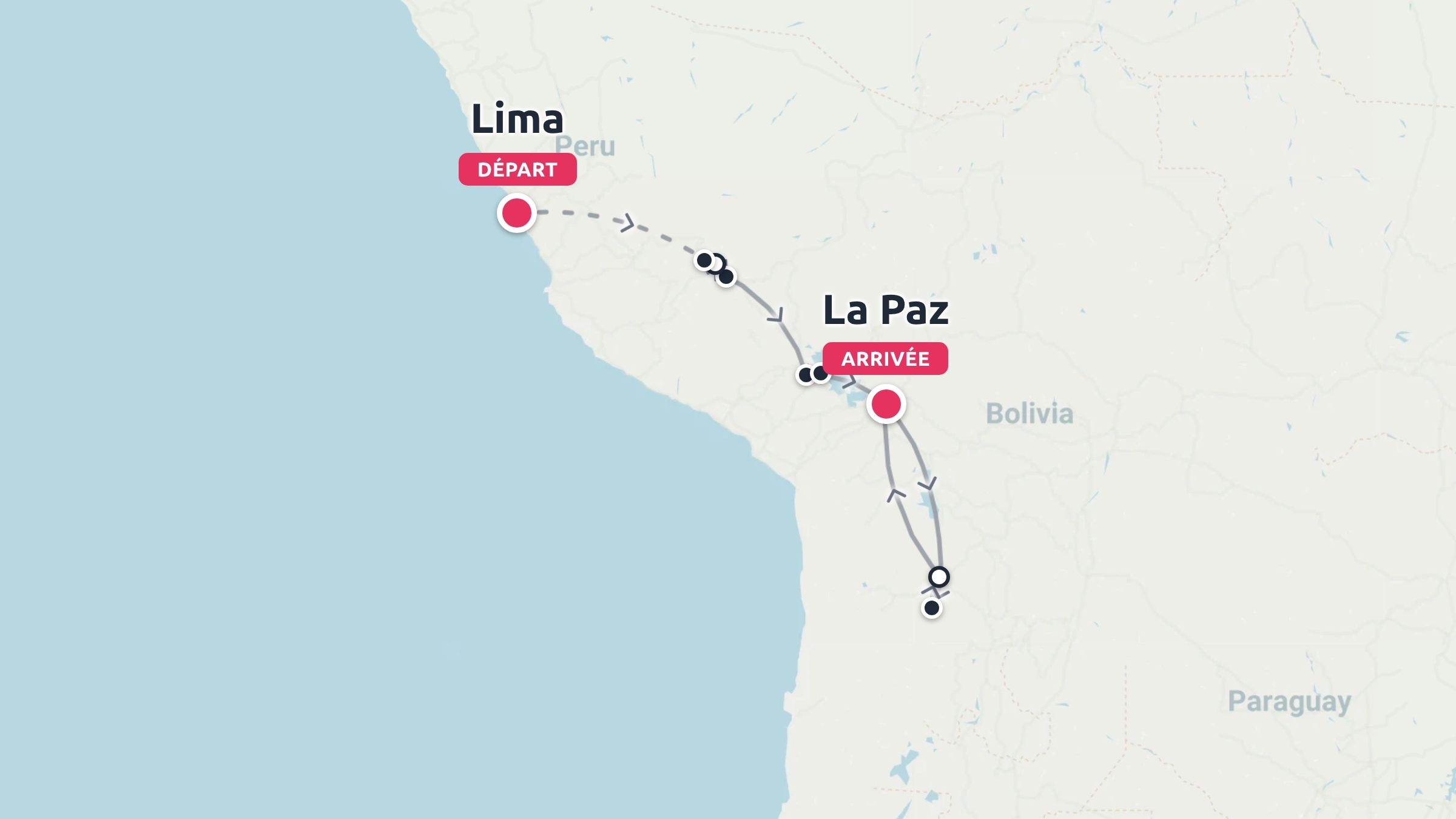Une carte d'itinéraire de voyage montrant un parcours au départ de Lima au Pérou et à destination de La Paz en Bolivie