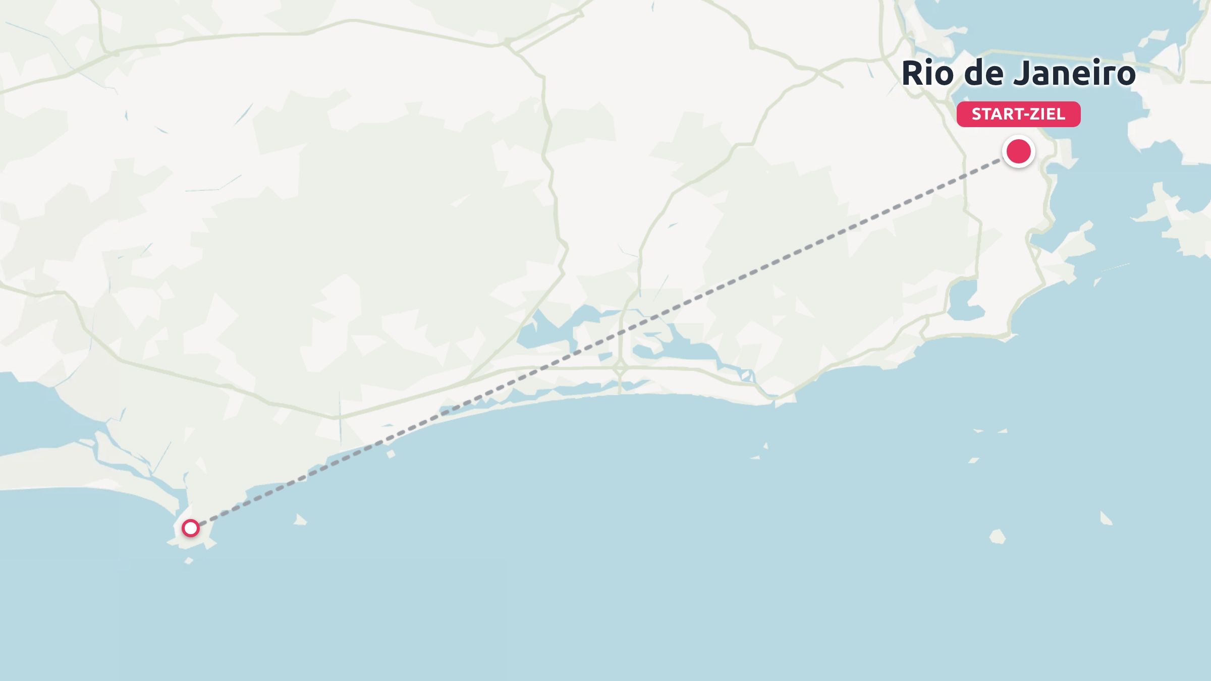 Eine Reiseroute entlang der Küste mit Start und Ziel in Rio de Janeiro und einer gestrichelten Linie