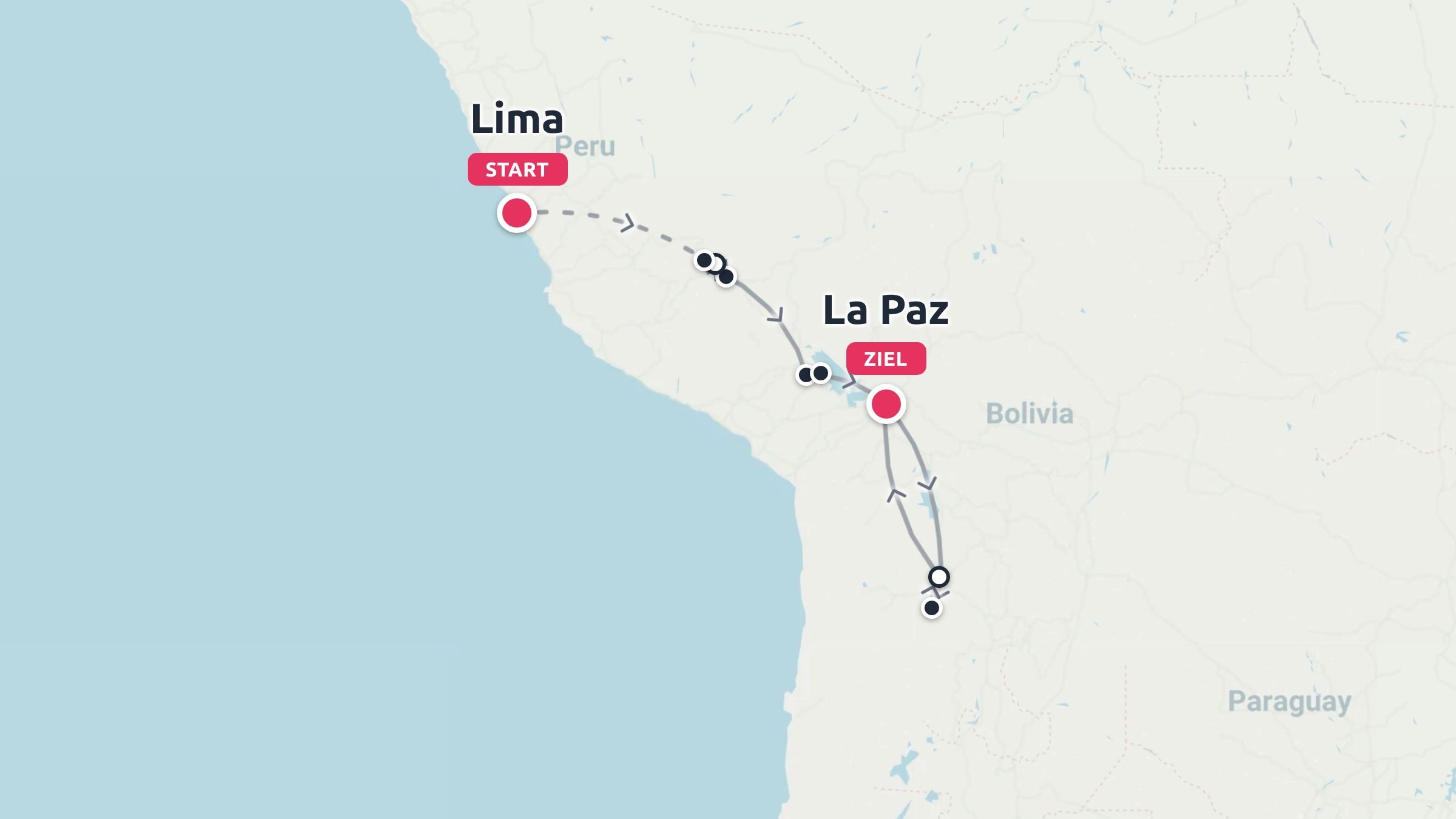 Reiseroute, die eine Reiserousse zeigt, die in Lima, Peru beginnt und in La Paz, Bolivien endet.