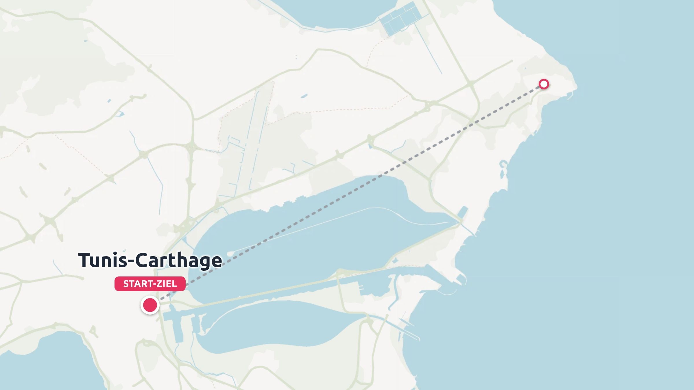 Eine Karte des Gebiets um Tunis-Karthago mit einer gestrichelten Reiseroute, die Start- und Zielpunkte markiert.