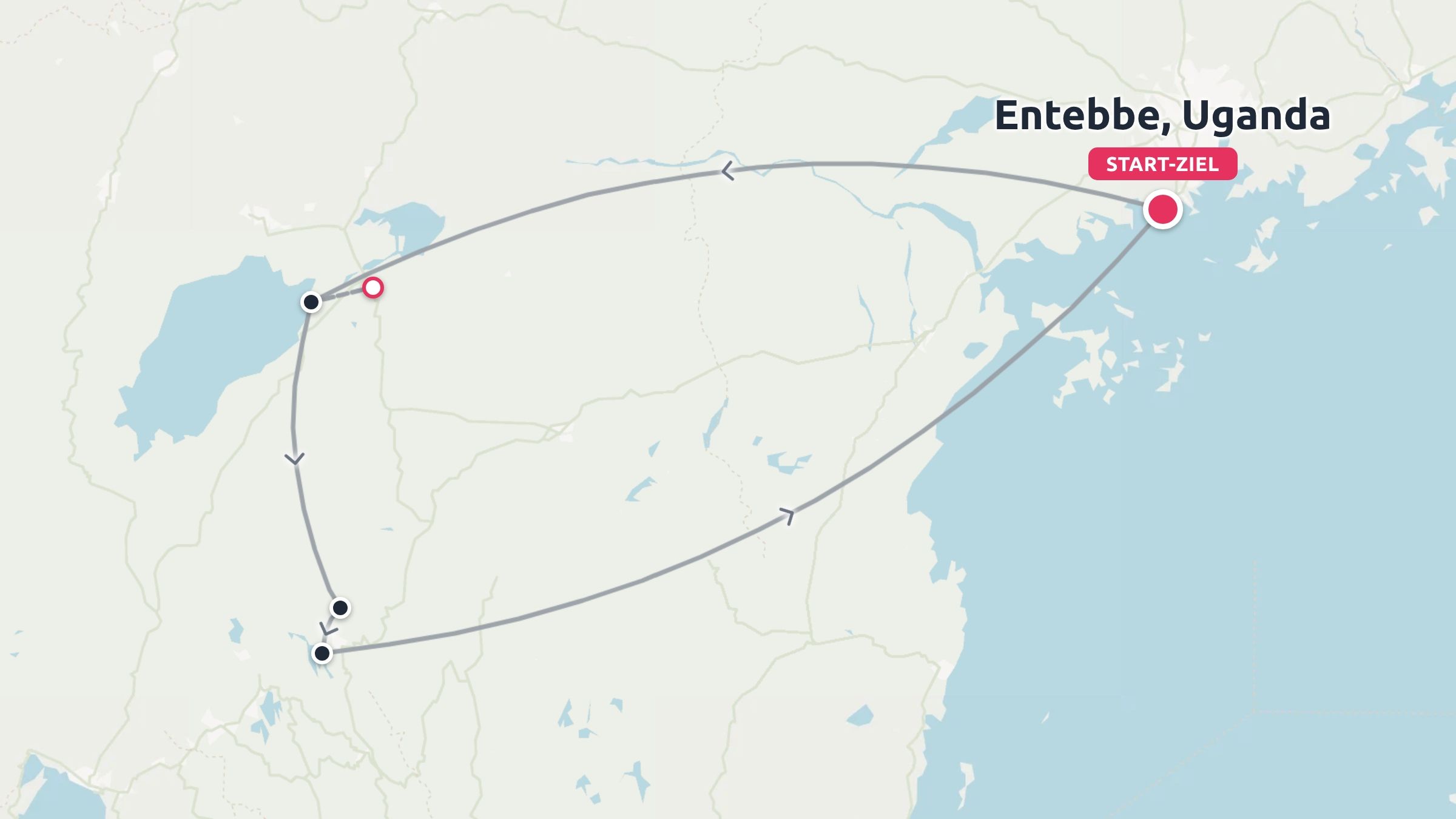 Eine Reiseroute, die einen Rundweg mit Start und Ziel in Entebbe, Uganda, zeigt.