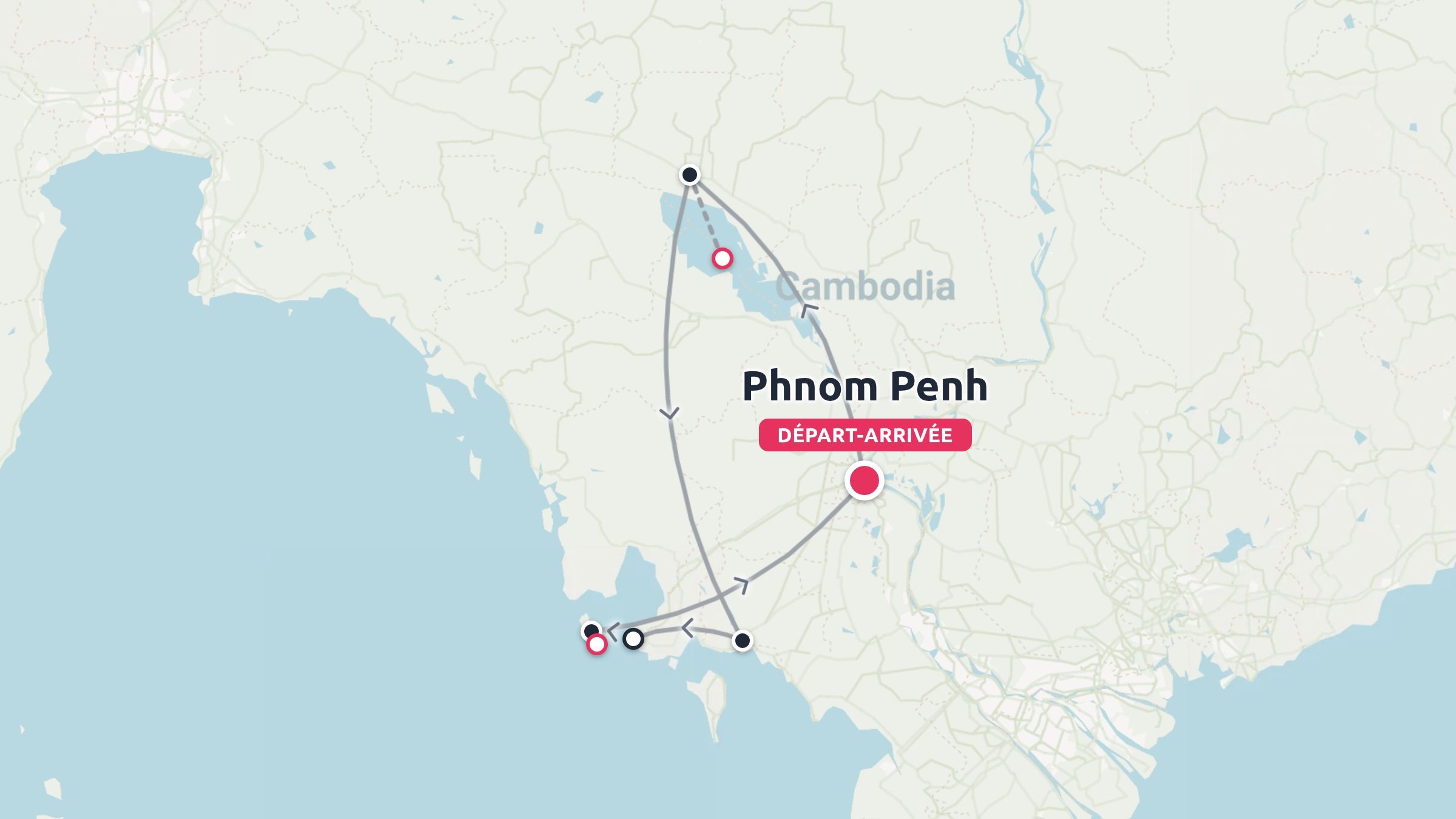 Un itineraire de voyage a travers le Cambodge avec depart et arrivee a Phnom Penh
