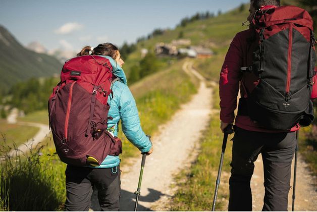 Due escursionisti con zaini grandi e bastoncini da trekking salgono un sentiero sterrato su un versante montuoso erboso.