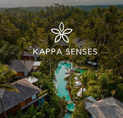 Una vista aerea di un resort con ville e una piscina sinuosa immerso in una fitta giungla tropicale.