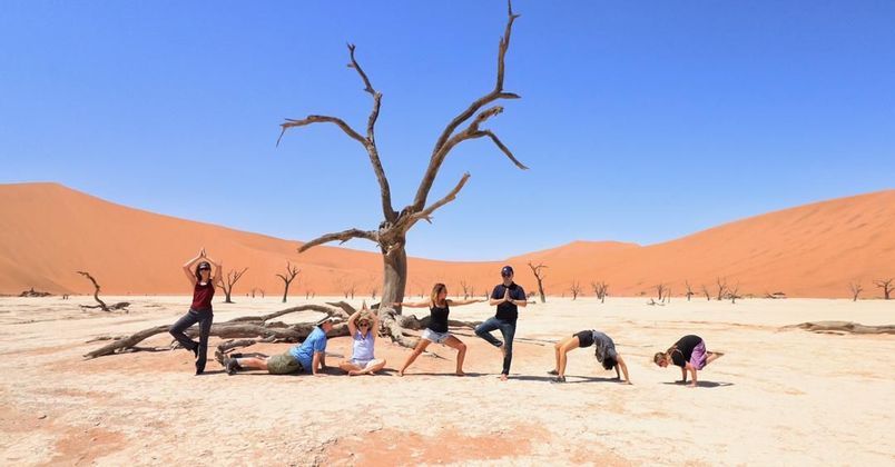 Eine WeRoad-Gruppe praktiziert verschiedene Yoga-Posen um einen großen abgestorbenen Baum in einer Wüste mit orangefarbenen Sanddünen unter einem klaren blauen Himmel.