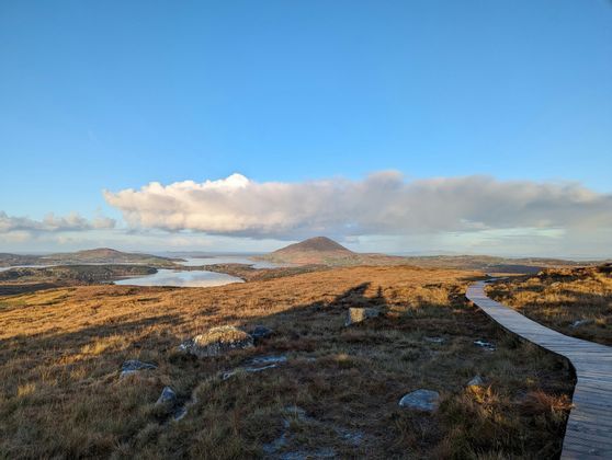 Une promenade en bois serpente à travers un vaste paysage herbeux avec des montagnes et des lacs au loin sous un ciel bleu.