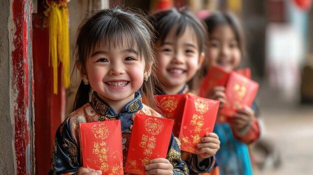 Tres jóvenes con vestimenta tradicional posan en fila, sonriendo mientras sostienen sobres rojos con letras doradas.
