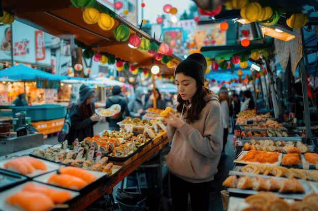 Una mujer con gorro come algo mientras examina un puesto de mercado callejero muy concurrido que vende sushi y otros platos.