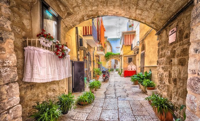 Un vicolo stretto e acciottolato, incorniciato da un arco in pietra, fiancheggiato da piante in vaso e da vecchi edifici colorati.