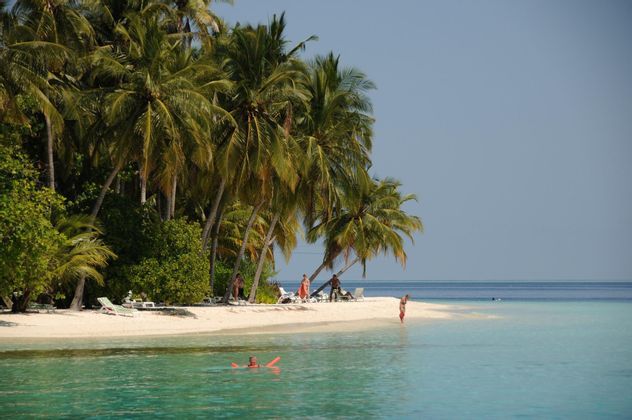 Un viaggio di gruppo WeRoad in relax su una spiaggia di sabbia bianca con palme e mare turchese.