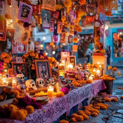 Un altare del Giorno dei Morti in strada, pieno di teschi dipinti, fiori di calendula, candele e foto incorniciate.