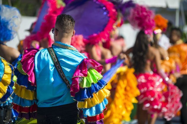 Vue de dos d'un homme en chemise bleu vif aux manches à volants colorés, participant à un voyage de groupe WeRoad lors d'un défilé de carnaval.
