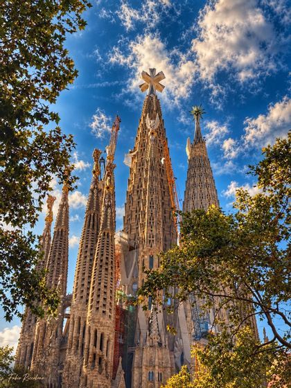 Intricate cathedral towers and spires rise against a blue sky with scattered clouds, framed by tree branches.