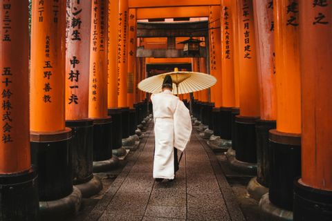 Una persona in abiti tradizionali bianchi cammina con un ombrello di carta lungo un sentiero fiancheggiato da cancelli torii arancioni.