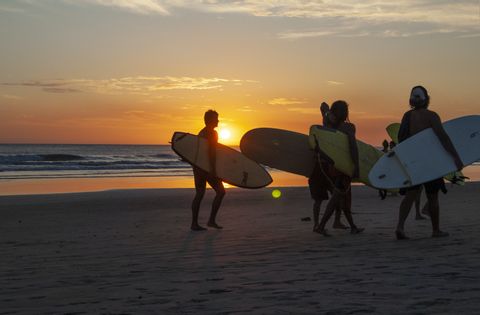 Surfistas de WeRoad silueteados en la playa al atardecer con sus tablas.
