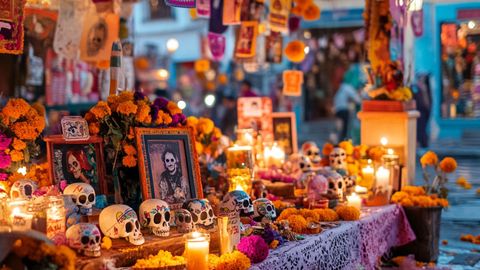 Ein Altar für den Día de los Muertos, verziert mit bemalten Totenköpfen, Ringelblumen, brennenden Kerzen und gerahmten Bildern.