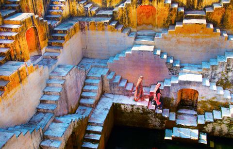 Dos mujeres con vestimenta tradicional descienden las escalinatas de piedra geométricas de un antiguo pozo escalonado.
