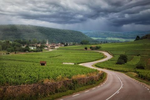 A winding road snakes through lush green vineyards towards a distant village under a sky full of dark storm clouds.