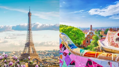 A split image with the Eiffel Tower in Paris on one side and a view of Park Güell in Barcelona on the other.