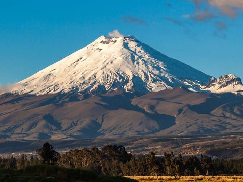 Un gran volcán cubierto de nieve emite una columna de humo desde su cima, dominando un paisaje de colinas y árboles bajo un cielo azul claro.