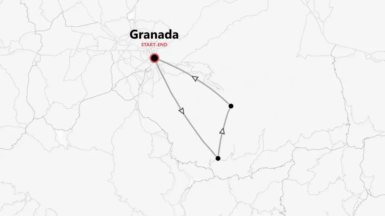 Un mapa estilizado que muestra un itinerario de viaje que comienza y termina en Granada, con una ruta circular que conecta otros dos puntos.