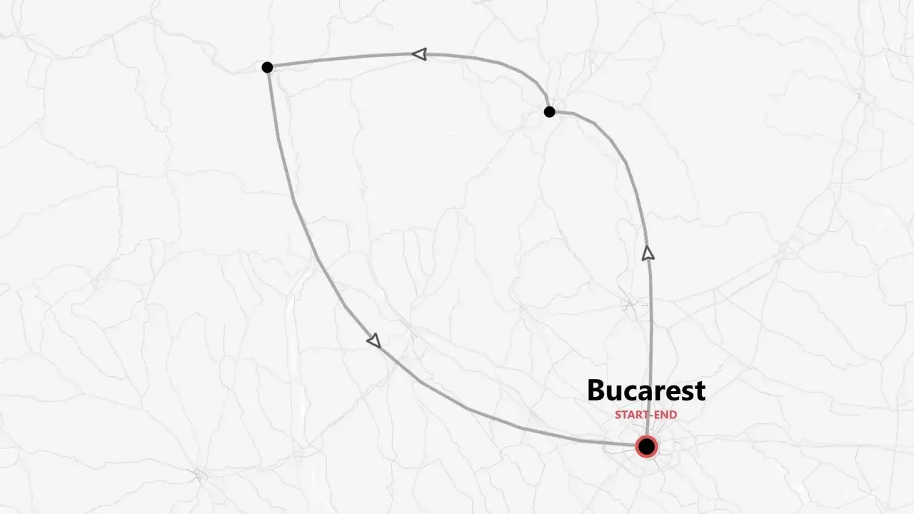 Un mapa gris y blanco que muestra una ruta de viaje circular con un punto de inicio y fin en Bucarest.