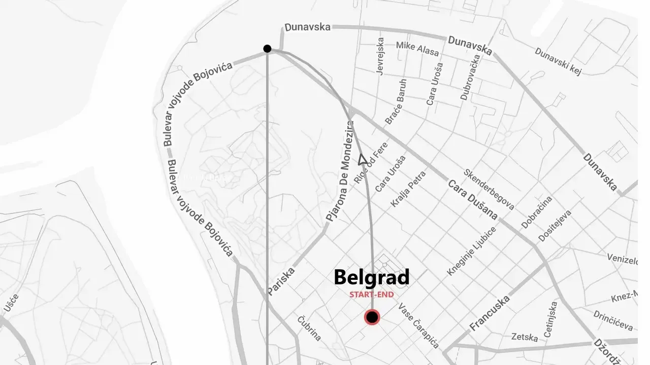 Un mapa en escala de grises que muestra una ruta por la ciudad de Belgrado, con un punto de inicio y fin marcados y varios nombres de calles.