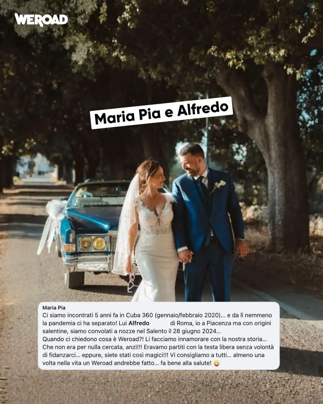Maria Pia e Alfredo il giorno del matrimonio, coppia nata in un viaggio WeRoad a Cuba