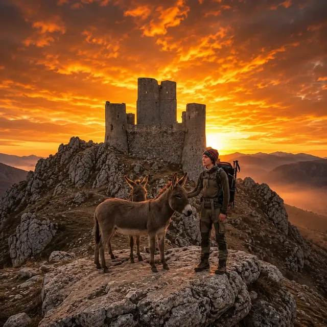 Rocca Calascio al tramonto con gli asinelli