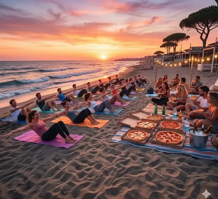 Pilates al Tramonto e Pizza in Spiaggia a Fregene  🧘‍♀️🍕