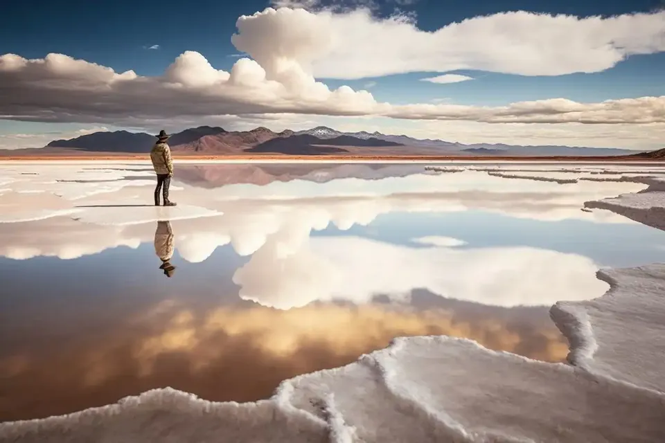 Viaggiatore su una distesa di sale che riflette il cielo