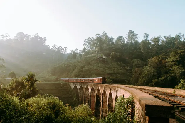 Un treno rosso attraversa un grande ponte in pietra ad arco che si snoda in una foresta lussureggiante, verde e nebbiosa.