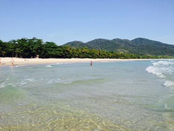 Acqua limpida dell'oceano lambisce una spiaggia di sabbia bianca, incorniciata da alberi verdi rigogliosi e montagne sotto un cielo blu.