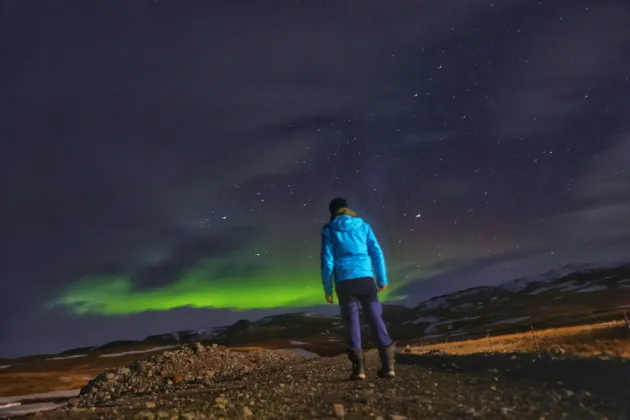 Una persona in giacca blu si trova su un sentiero di notte, osservando l'aurora boreale verde sotto un cielo stellato.